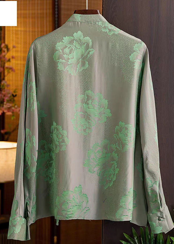 Yellow Text Mandarin Collar Button Print Silk Shirt Top Spring