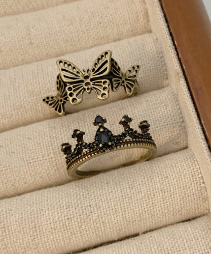 Fine Ancient Gold Metal Butterfly Crown Hollow Out Rings Two Piece Set