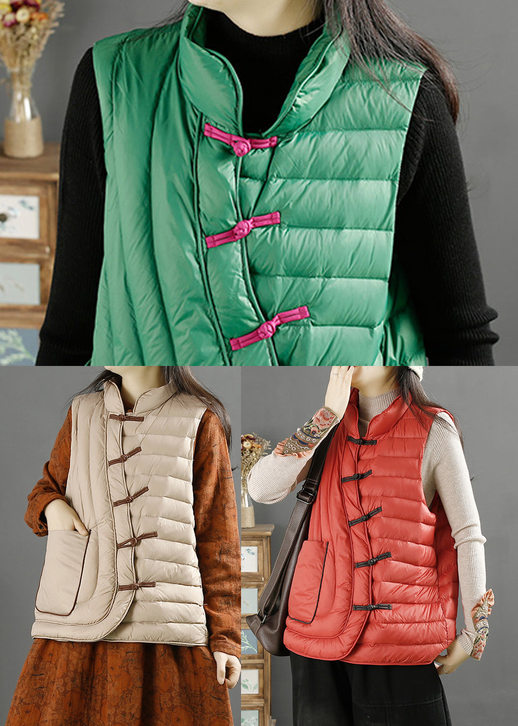 Art Green Pockets Oriental Duck Down Filled Vest Winter