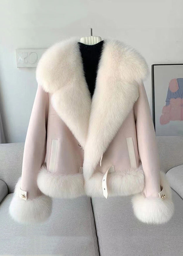 Beige Fur Collar Patchwork Woolen Coat Winter