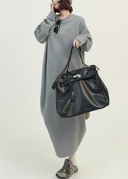 Grey O Neck Loose Cotton Straight Dresses Fall