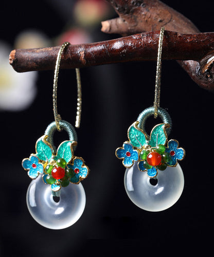 Green Jade Agate Cloisonne Drop Earrings