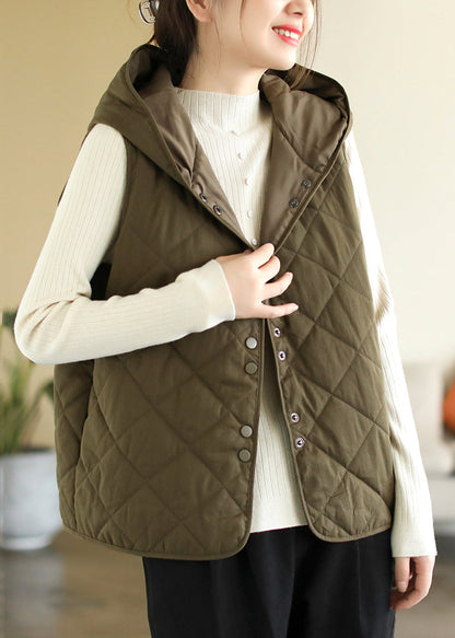 Army Green Hooded Button Pockets Cotton Filled Waistcoat Sleeveless