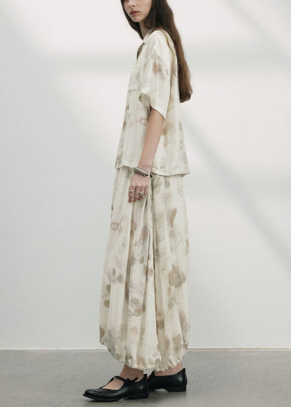 Unique Beige Print Drawstring Tops and Skirts Cotton Two Pieces Set Summer