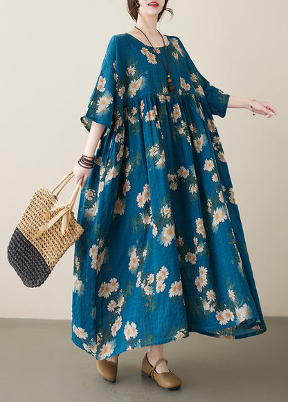Classy Navy O-neck Patchwork Wrinkled Party Maxi Dress Summer