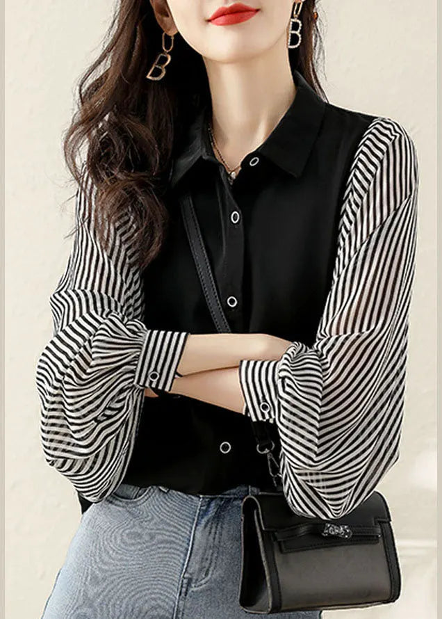 Modern Black Button Peter Pan Collar Striped Patchwork Shirt Top Long Sleeve