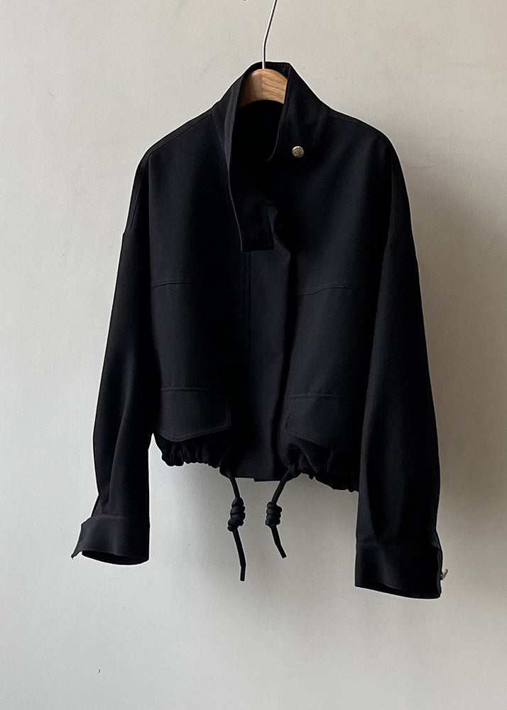 Black Button Cotton Jacket Stand Collar Drawstring Fall