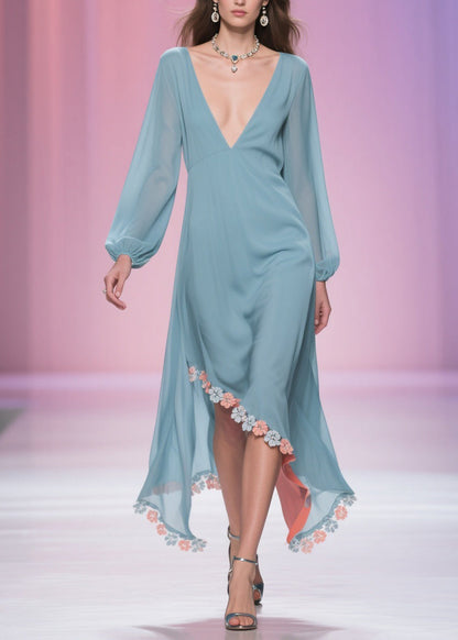 Blue Asymmetrical Chiffon Long Dress Spring