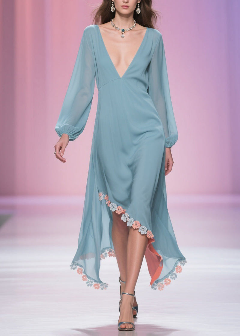 Blue Asymmetrical Chiffon Long Dress Spring