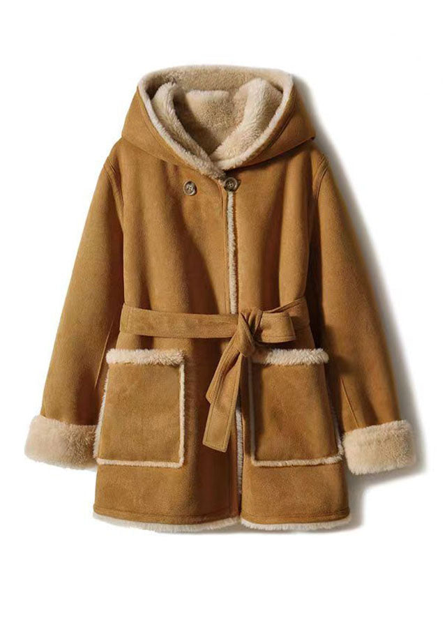Camel Patchwork Sashes Warm Fleece Wooled Blended Hooded Coat Winter