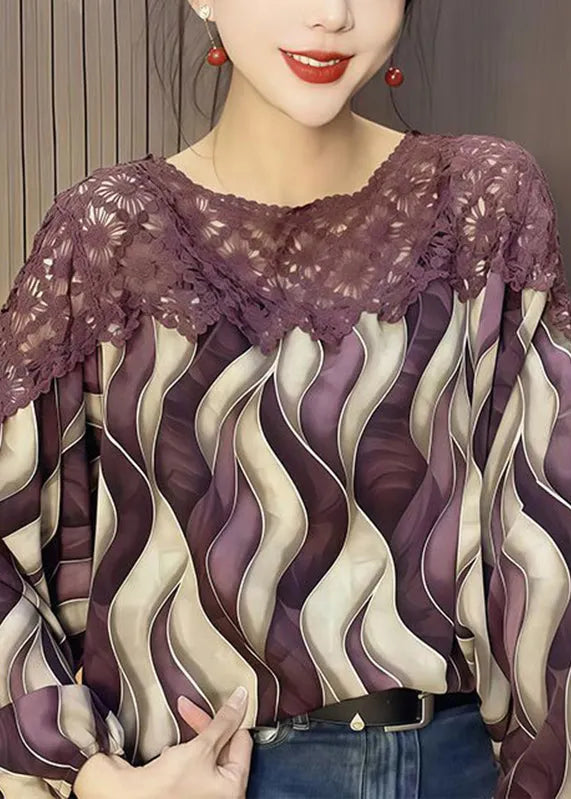 Blue O-neck Print Hollow Out Chiffon Shirt Fall