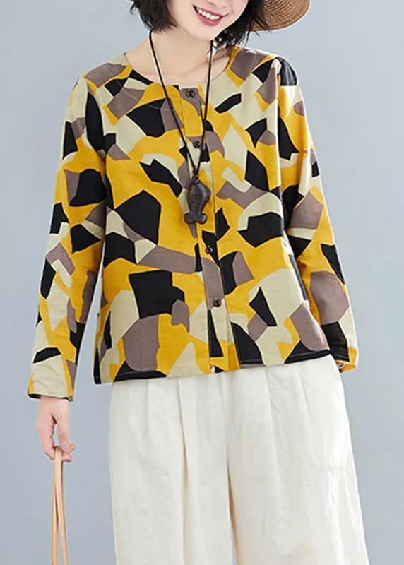 French O Neck Button Down Shirts Inspiration Yellow Geometric Top