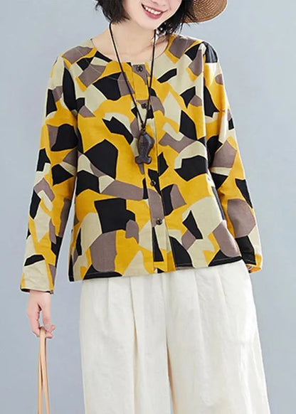 French O Neck Button Down Shirts Inspiration Yellow Geometric Top