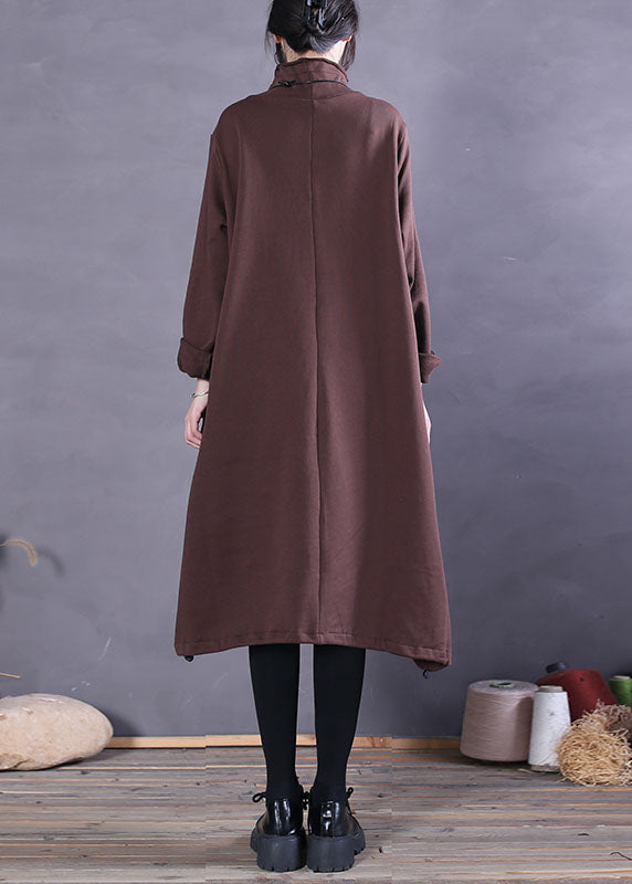 Chocolate Turtle Neck Patchwork Cotton Dresses Spring