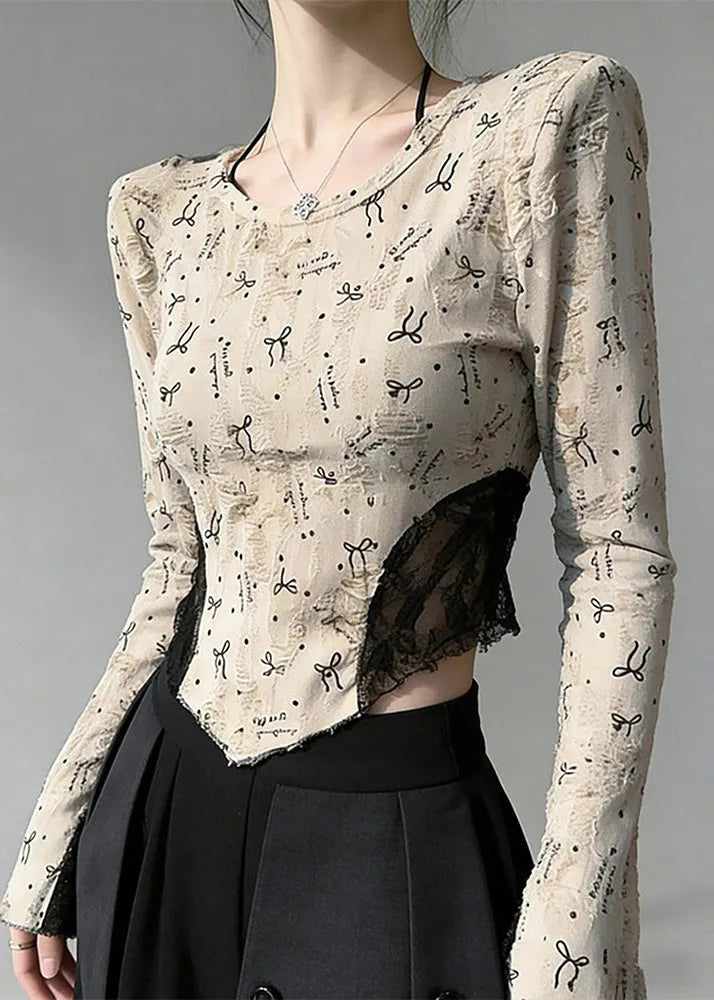 Beige Print Lace Patchwork Cotton Blouses Flare Sleeve