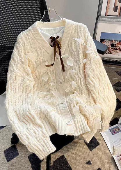 Beige Cozy Patchwork Knit Coats V Neck Long Sleeve
