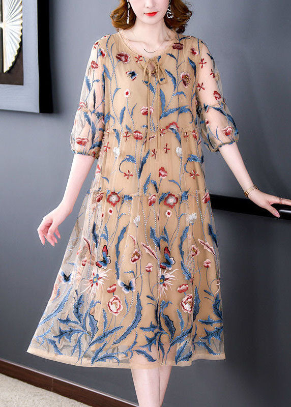 Art Khaki O-neck Embroideried Tulle a Line Dress Summer