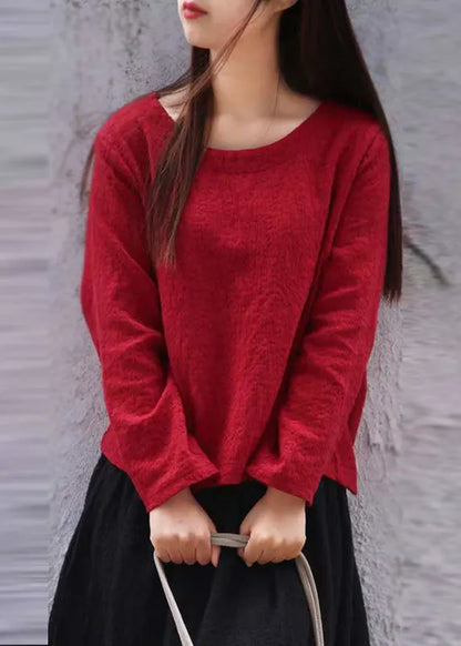 Mulberry O-neck Jacquard Linen Tops Long Sleeve