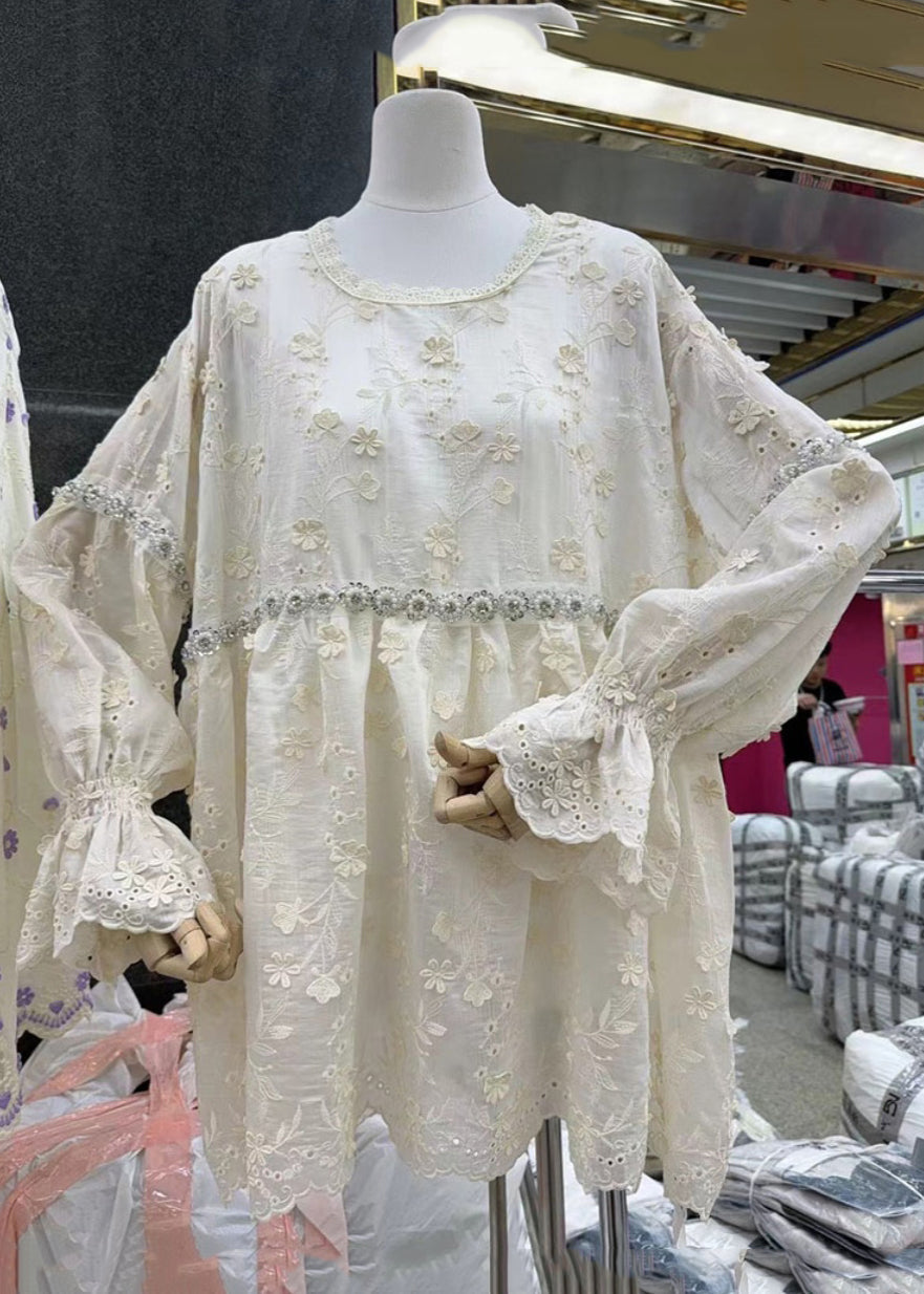 Pink Hollow Out Nail Bead Cotton Blouse Flare Sleeve