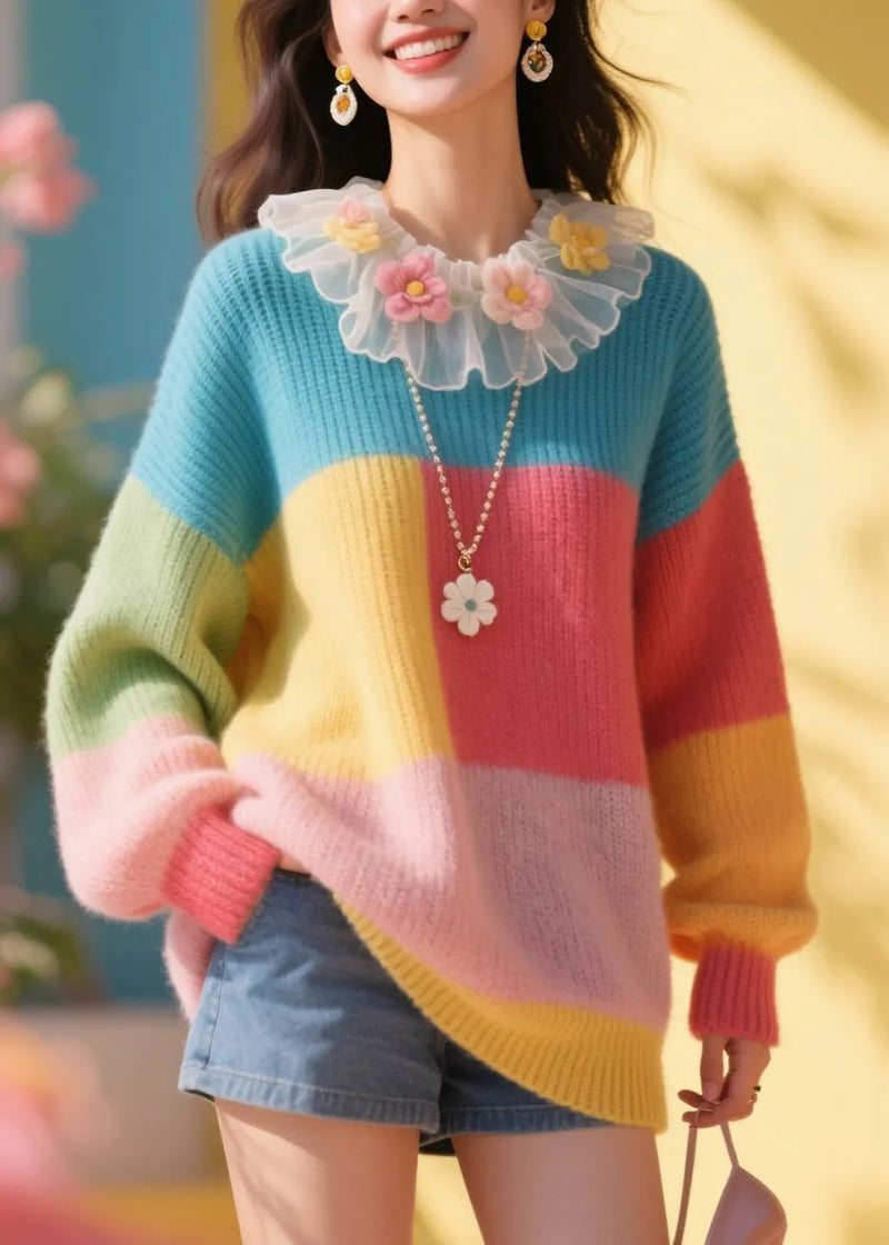 Stylish Colorblock Tulle Ruffled Knit Sweater Fall