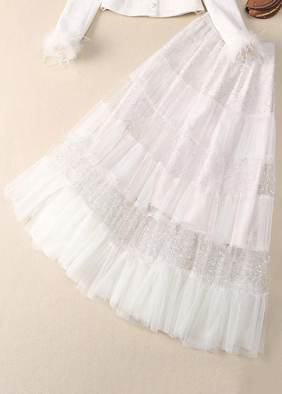 White Sequins Nail Bead Coats and Tulle Maxi Skirt Two Pieces Set Spring