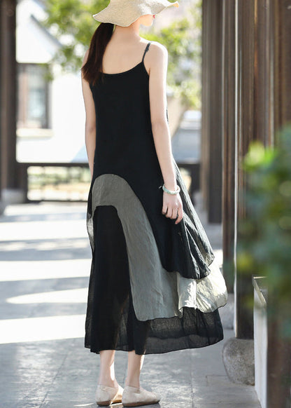 Black Colorblock Sied Open Cotton Spaghetti Strap Dresses Summer