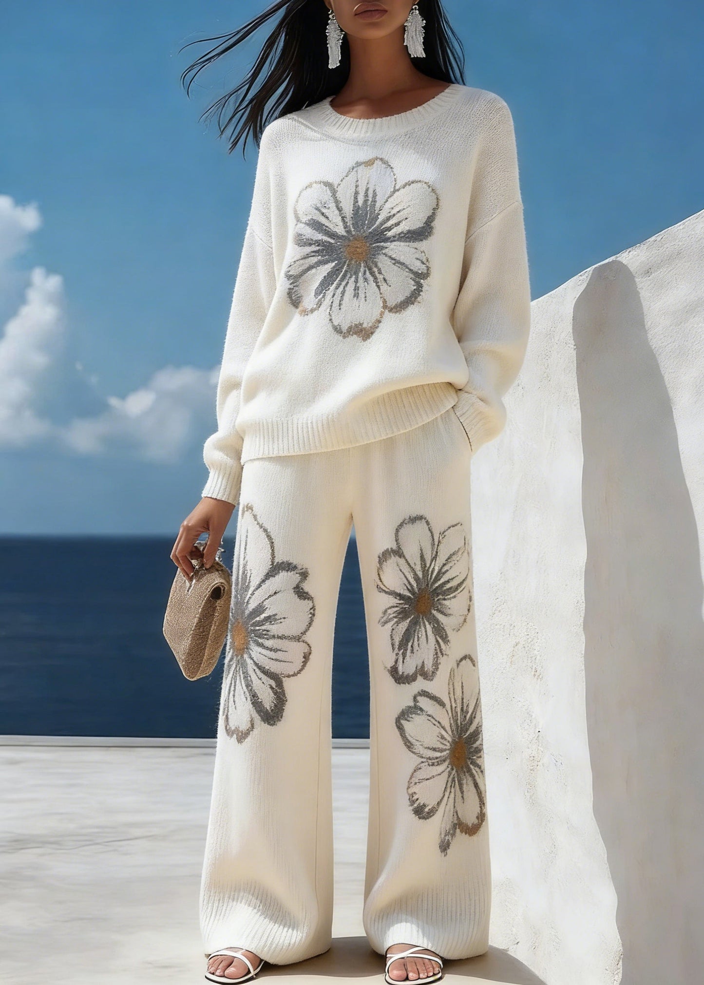 White Cozy Knit Two Piece Suit Set O-neck Spring