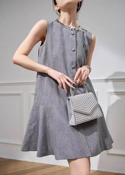 Fine Grey O-neck Butto Vacation Mid Dress Short Sleeve