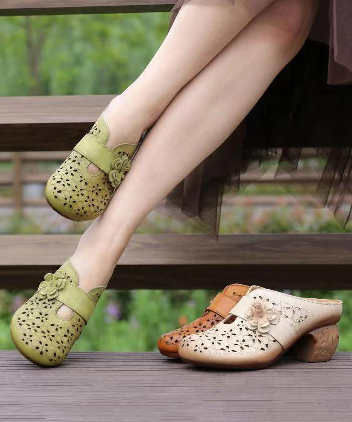 Caramel Hollow Out Cowhide Leather Chunky Heel Slide Sandals