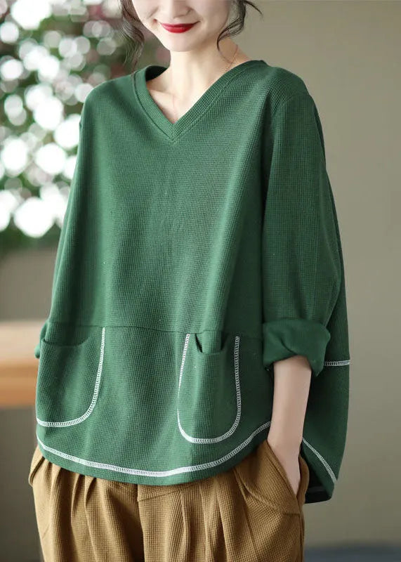 Khaki Patchwork Cotton Pullover Sweatshirt Pockets Waffle Long Sleeve