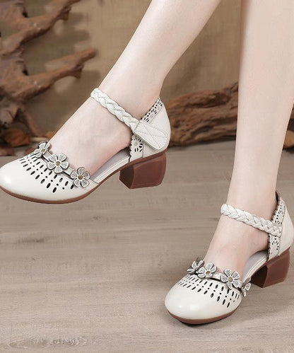 Beige Hollow Out Chunky Cowhide Leather Splicing Sandals