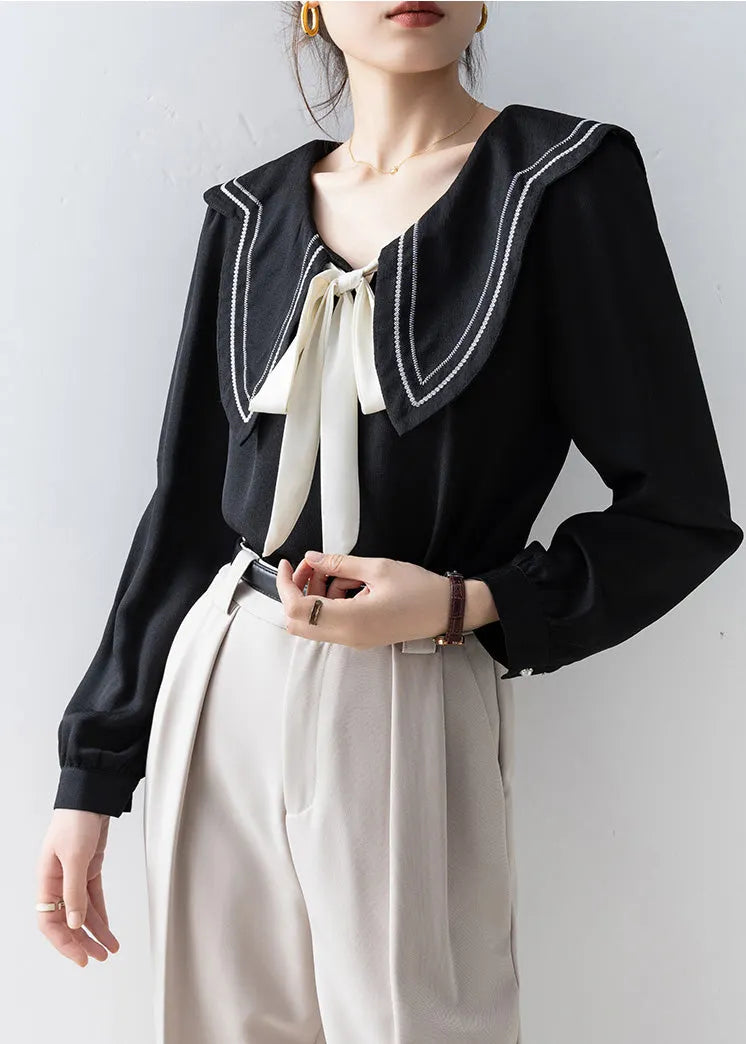 French Black Sailor Collar Bow Chiffon Shirt Top Spring