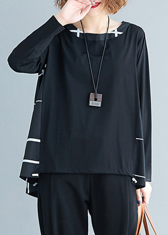 Stylish Black O-neck Drawstring Patchwork Plaid Cotton Loose Sweatshirts Top Spring