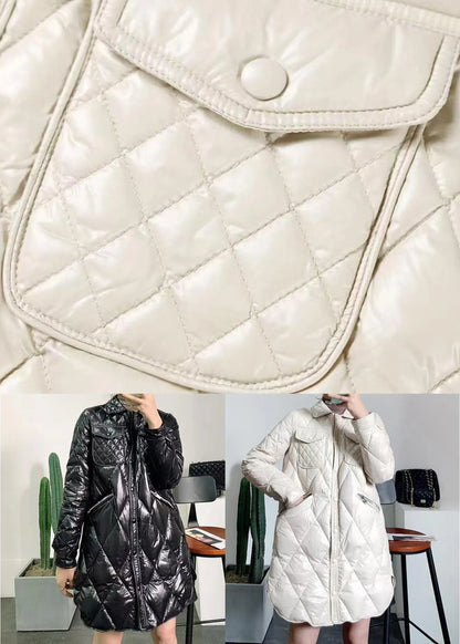 Beige Peter Pan Collar Pockets Patchwork Duck Down Coat Winter