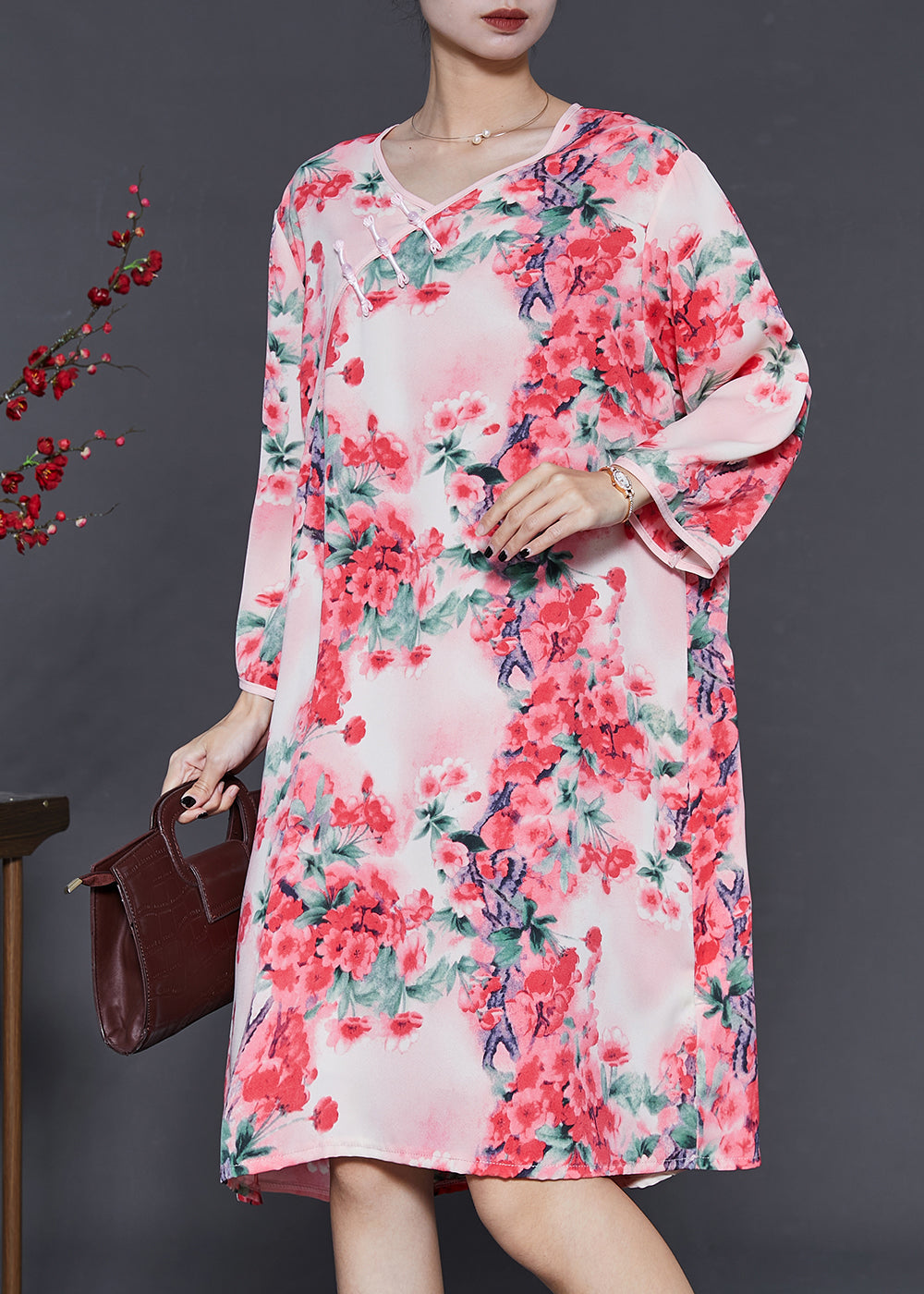 Pink Plum Blossom Print Cotton Dress Summer