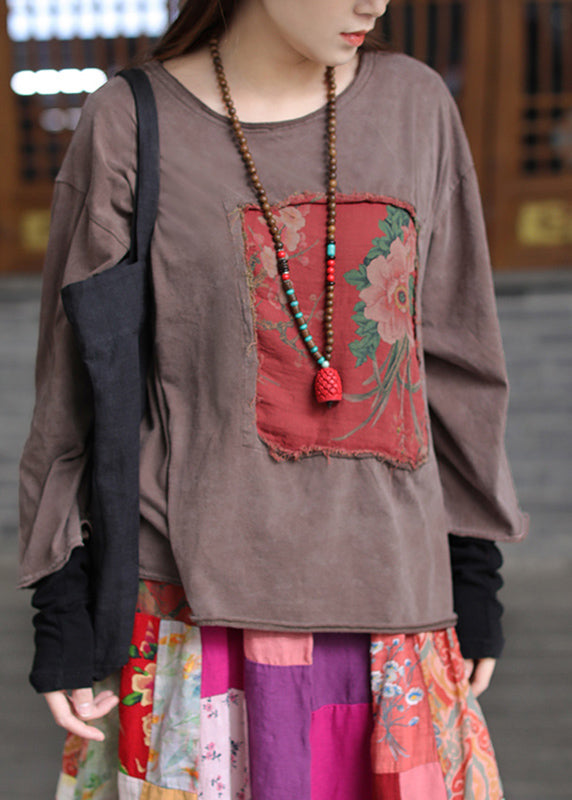 Coffee O-neck Appliques Top Long Sleeve