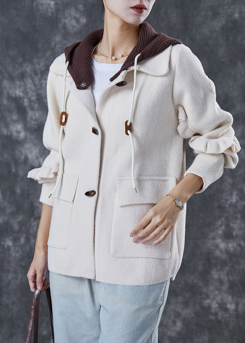 White Hooded Patchwork Ruffled Woolen Coats Spring