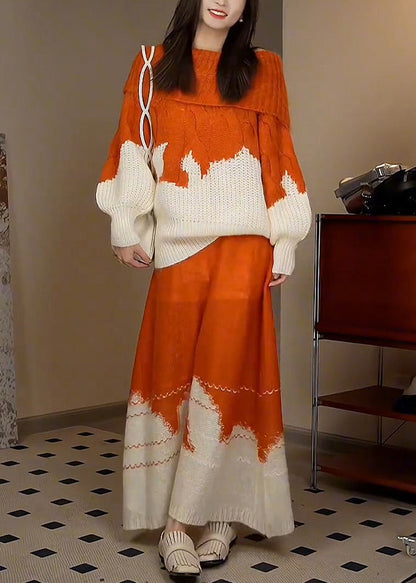 New Orange Hollow Out Tops and Skirts Knit Two Pieces Set Spring