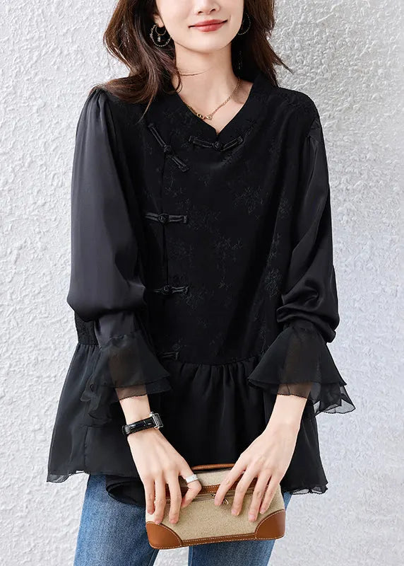 Black Chinese Button Patchwork Silk Shirt Tops Flare Sleeve
