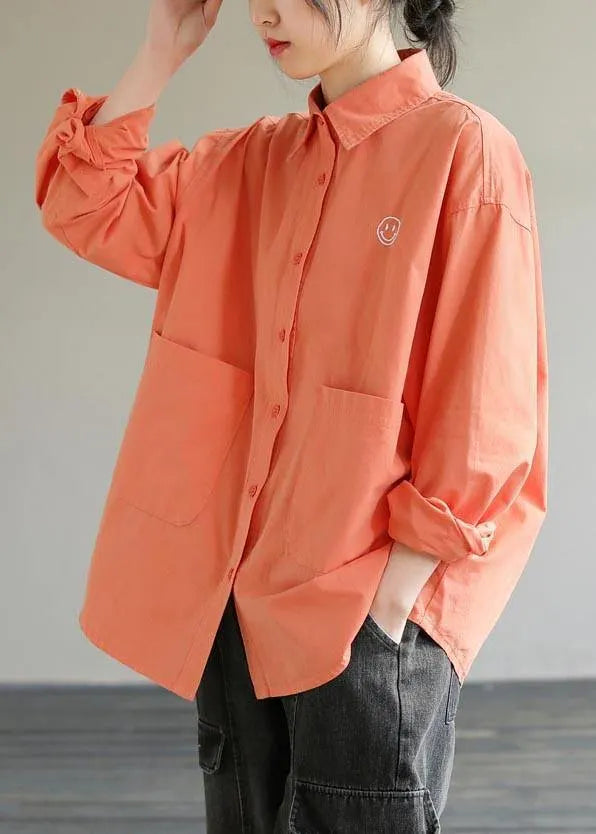 French Lapel Pockets Spring Clothes for Photography Orange Smiling Face Shirts