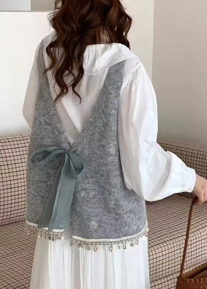 Blue Tasseled Bow Knitted Tops Spring
