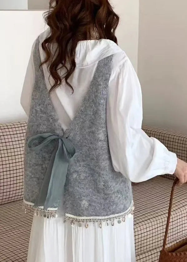 Blue Tasseled Bow Knitted Tops Spring