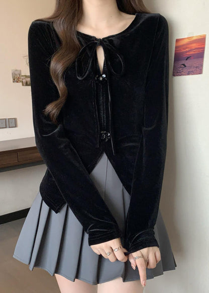 Black Side Open Flower Decorated Silk Velour Shirts Fall