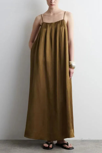 Boutique Brown Oversized Wrinkled Linen Spaghetti Strap Dress Summer