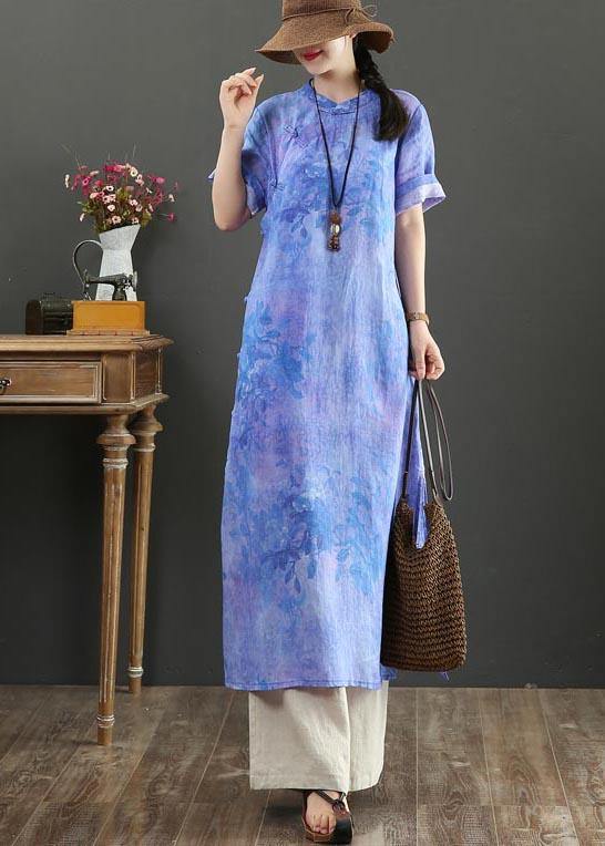 Classy Blue Purple Print Button Ankle Summer Chiffon Dress