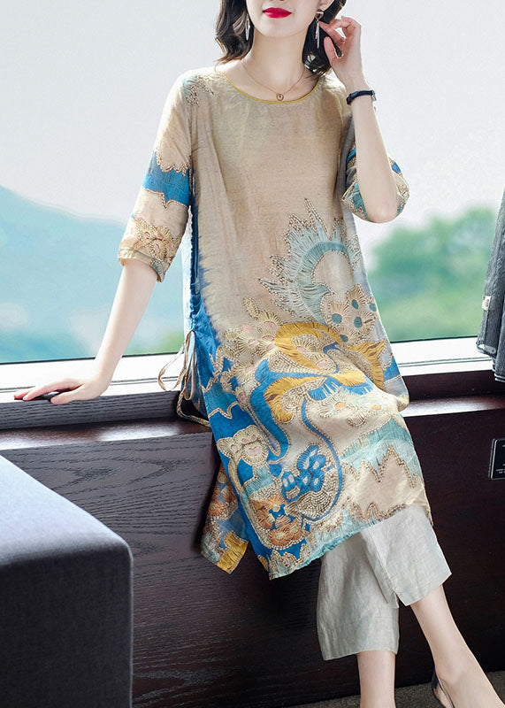 Drawstring Side Open Print Linen Long Tops Half Sleeve