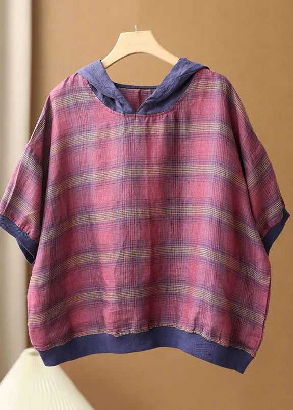 Rose Hooded Patchwork Striped Cotton Linen Top Short Sleeve