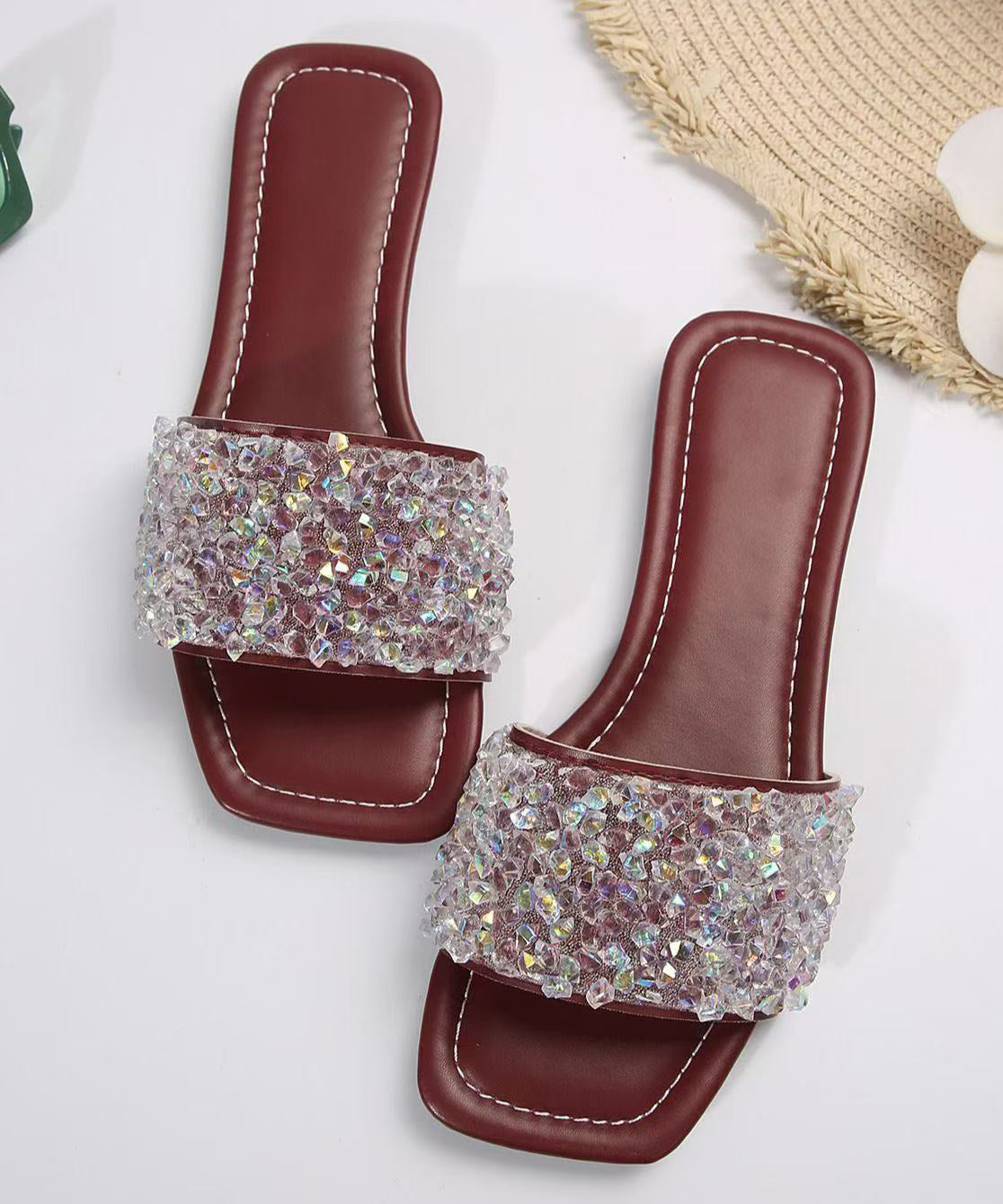 Sequins Splicing Wine Red Faux Leather Slide Sandals