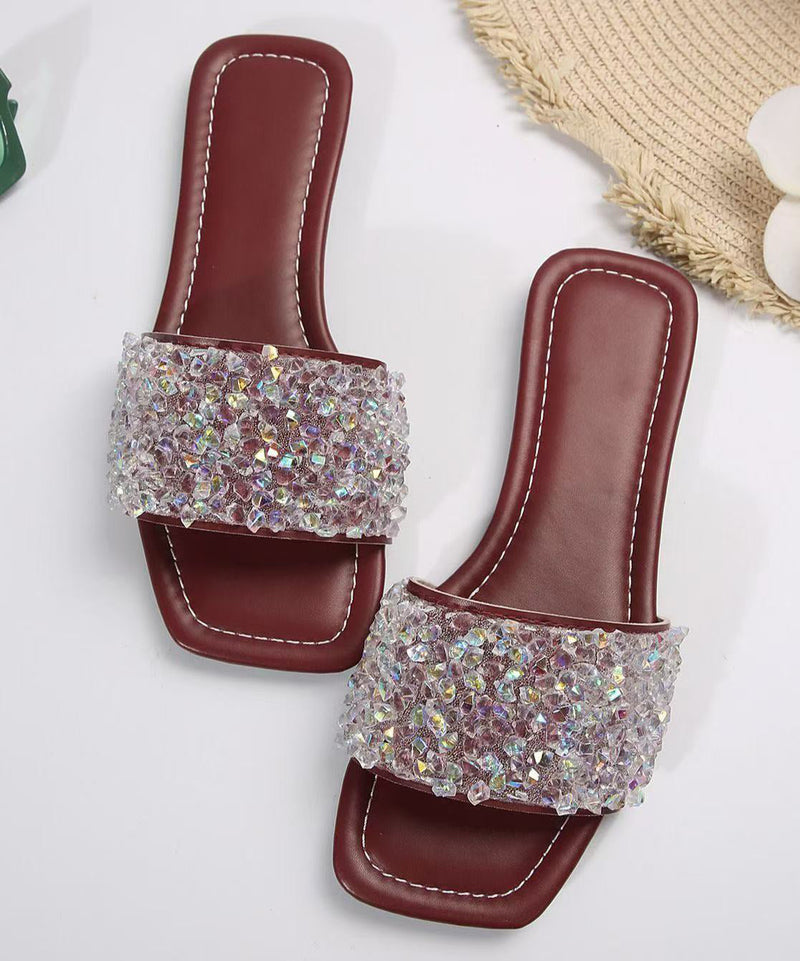 Sequins Splicing Wine Red Faux Leather Slide Sandals