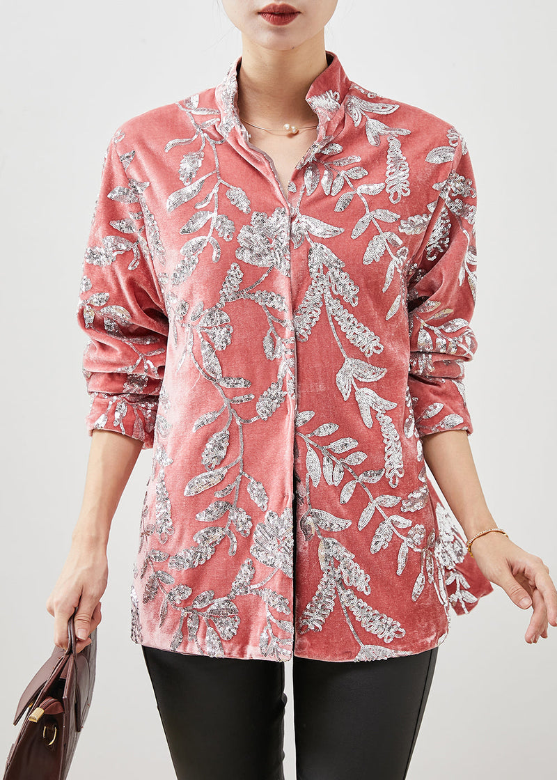 Pink Stand Collar Leaf Sequins Silk Velour Shirt Spring